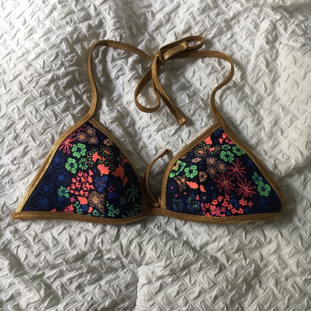 Floral Triangle Bikini Top with Gold Trim